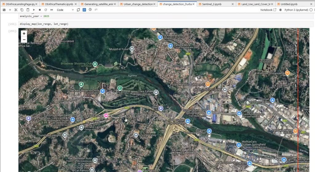 Quarry Road AOI shown on Jupyter Notebook on Digital Earth Africa